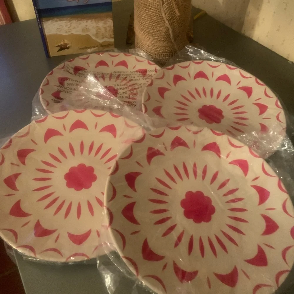 West Elm, NEW NEVER USED, Carnival PINK and WHITE salad plates. Melamine.